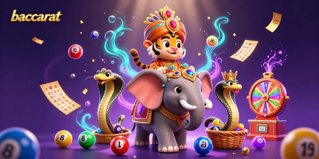 Experience the dynamic baccarat gaming scene with a cartoon Indian maharaja tiger, vibrant game elements, and extravagant prizes.