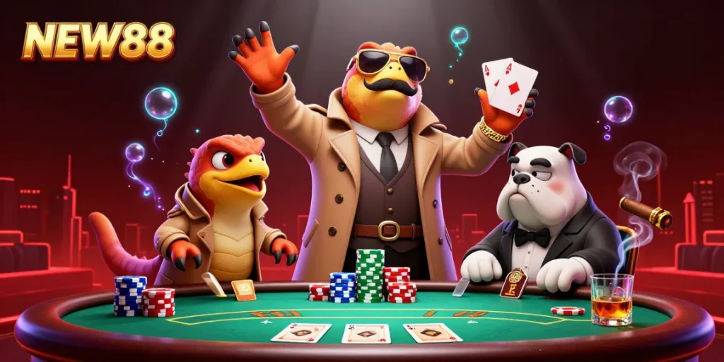 Experience thrilling moments with NEW88's vibrant casino scene featuring playful raptors in a trench coat.