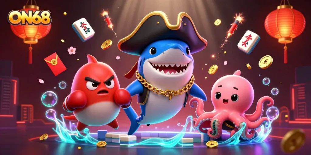 Experience exciting gaming action with ON68's vibrant 3D characters and casino elements.