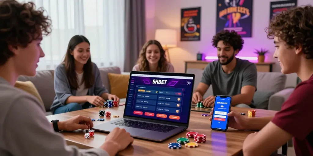Exciting SHBET online gaming scene showcasing interactive gamblers on a laptop and smartphone in a cozy living room.
