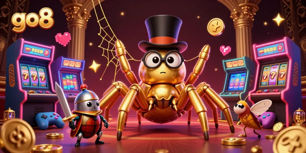 Engage with go8's thrilling casino experience as a brave beetle knight approaches a golden tarantula weaving fortune.