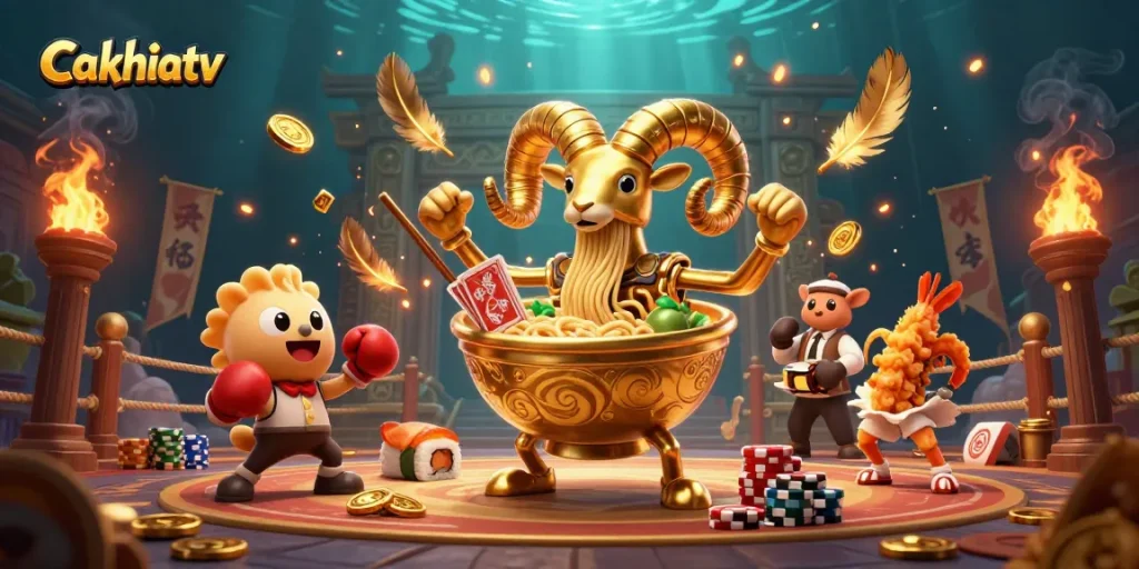 Catch Cakhiatv's thrilling live sports betting action with dynamic characters in a vibrant casino scene.