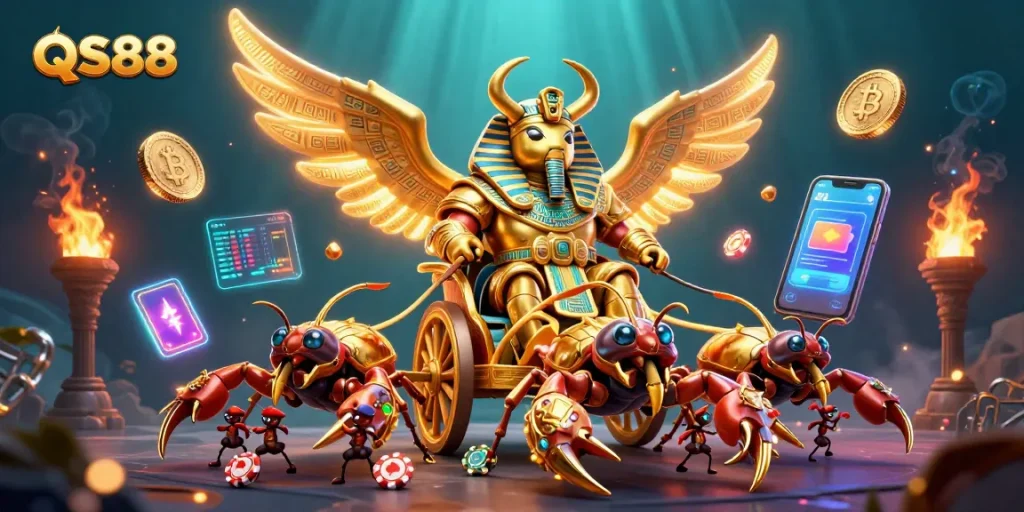 Engage with QS88's vibrant casino world as a colossal golden beetle leads a dynamic treasure hunt.