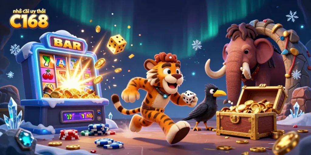 Unleash excitement at nhà cái uy tín C168 with a vibrant, action-packed casino scene showcasing unique 3D characters.