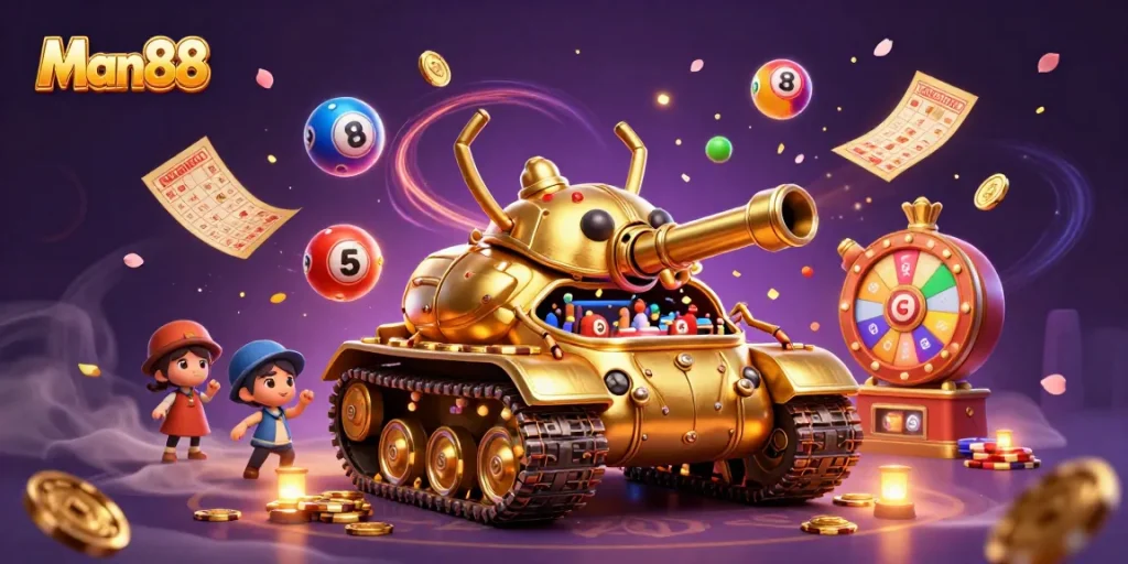 Experience excitement at Man88 with a vibrant 3D illustration of a unique casino tank and dynamic game elements.