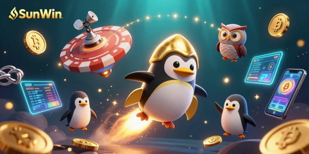 Engage in thrilling gaming at SunWin, featuring a golden penguin in a cosmic casino adventure!