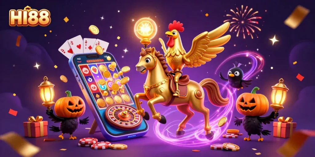 Engage with HI88's vibrant casino scene featuring golden rooster characters amidst thrilling gaming action.