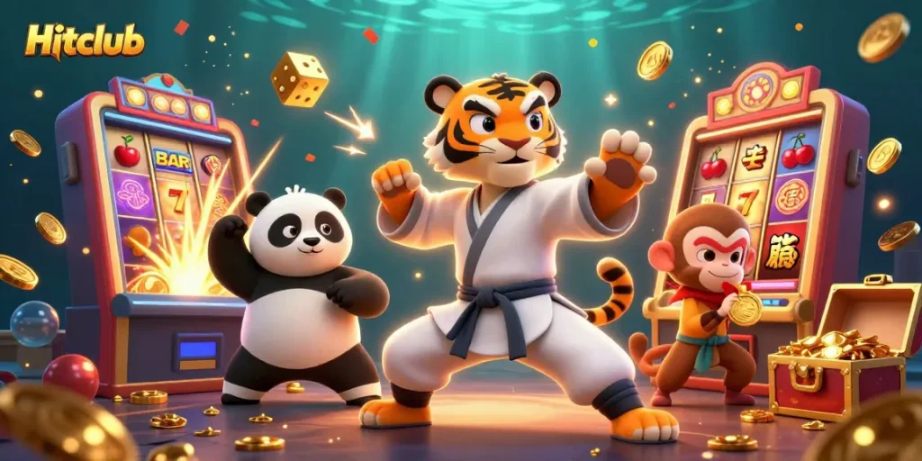 Experience the excitement at Hitclub with a 3D illustration of a tiger master and fun gambling elements.