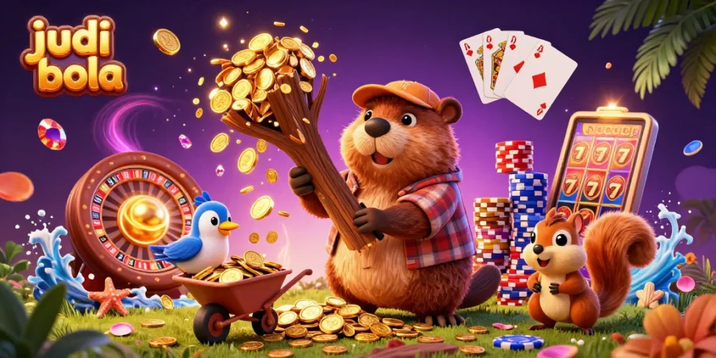 Engage in judi bola with a vibrant scene of a beaver, bird, and squirrel collecting gold coins.