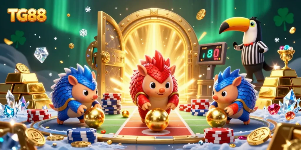 TG88 pangolins rolling into gold balls and bowling through poker chips in a vibrant casino scene.