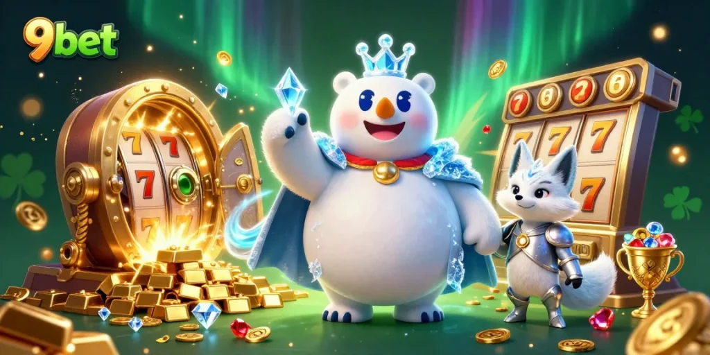 Spin the reels with 9bet at this vibrant illustration depicting a king polar bear and fox amid gold and gems.
