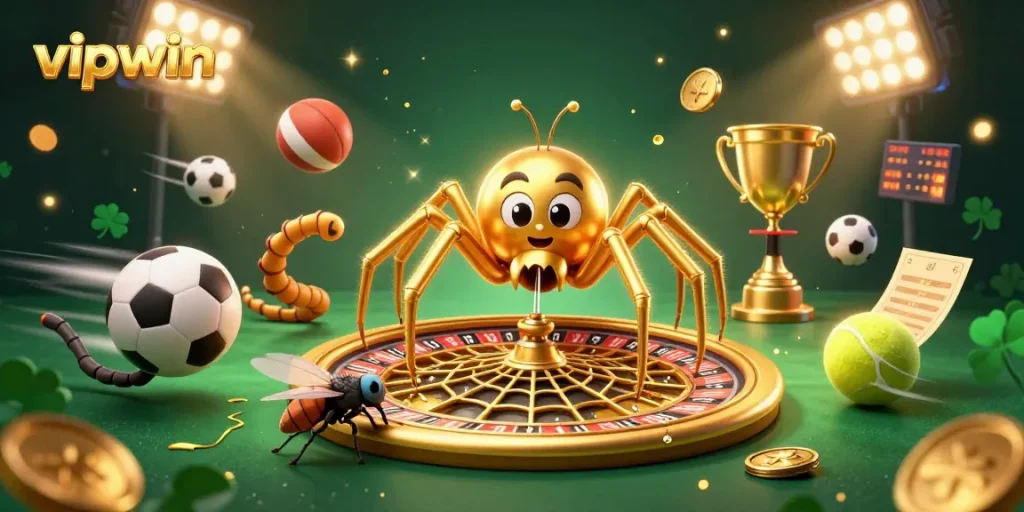 Experience thrilling bets at VIPWIN with a golden spider spinning a roulette wheel web, dynamic sports elements, and vibrant casino details.