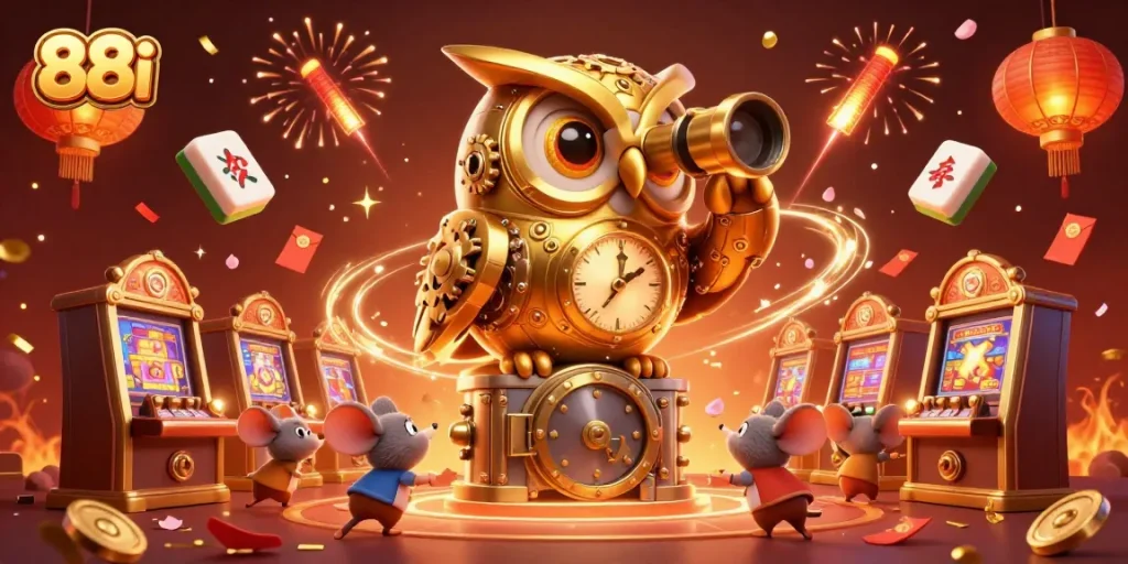 Experience the thrill of 88i with a dynamic casino scene featuring golden owl and slot machines.