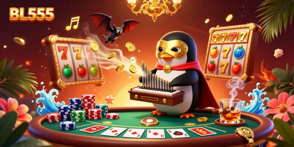 Engage with BL555's vibrant casino world featuring a penguin playing an organ that shoots coins, rich in detail.