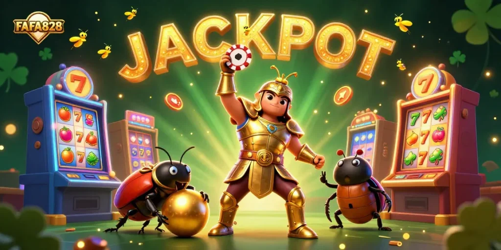 FAFA828 brings luck and excitement with 3D cartoon characters celebrating a jackpot win in a colorful casino scene.
