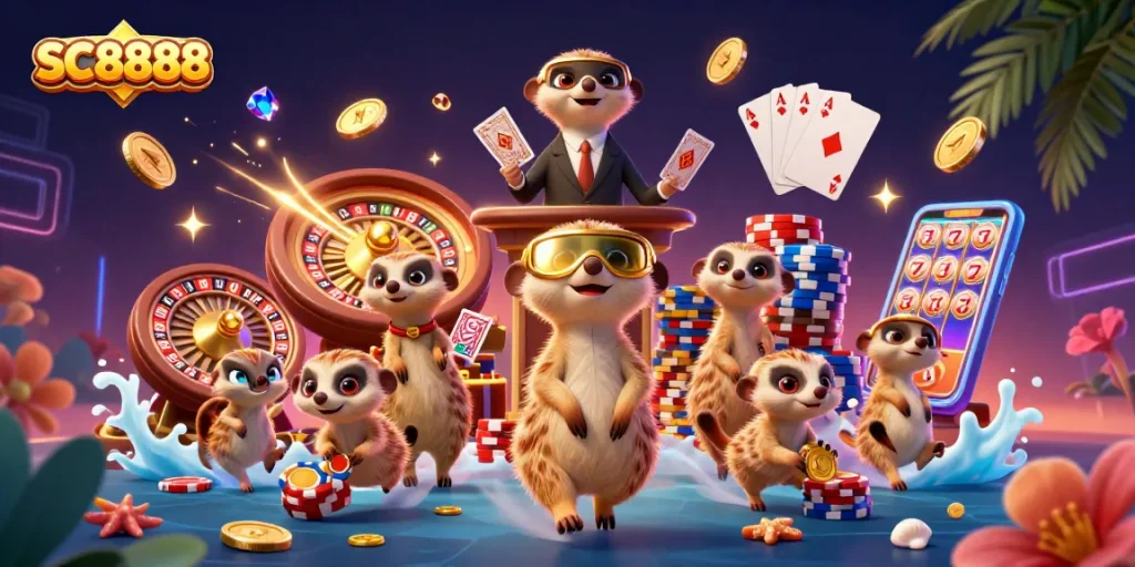 Experience thrilling gameplay at SC8888 with lively meerkats managing an exciting casino.