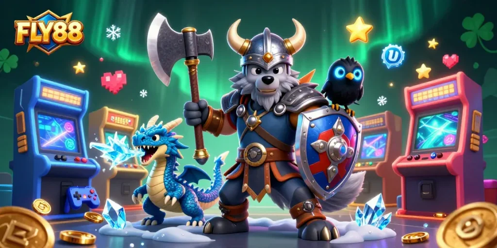 Engage with FLY88's thrilling gaming world through a dynamic 3D illustration featuring a Viking warrior and dragon.
