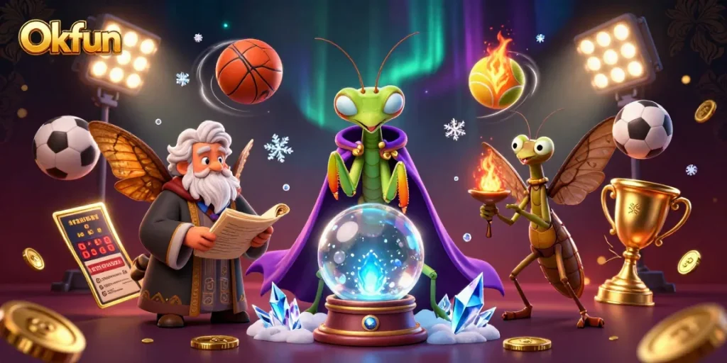 Explore Okfun's dynamic gambling scene featuring a whimsical fortune teller and sports elements.