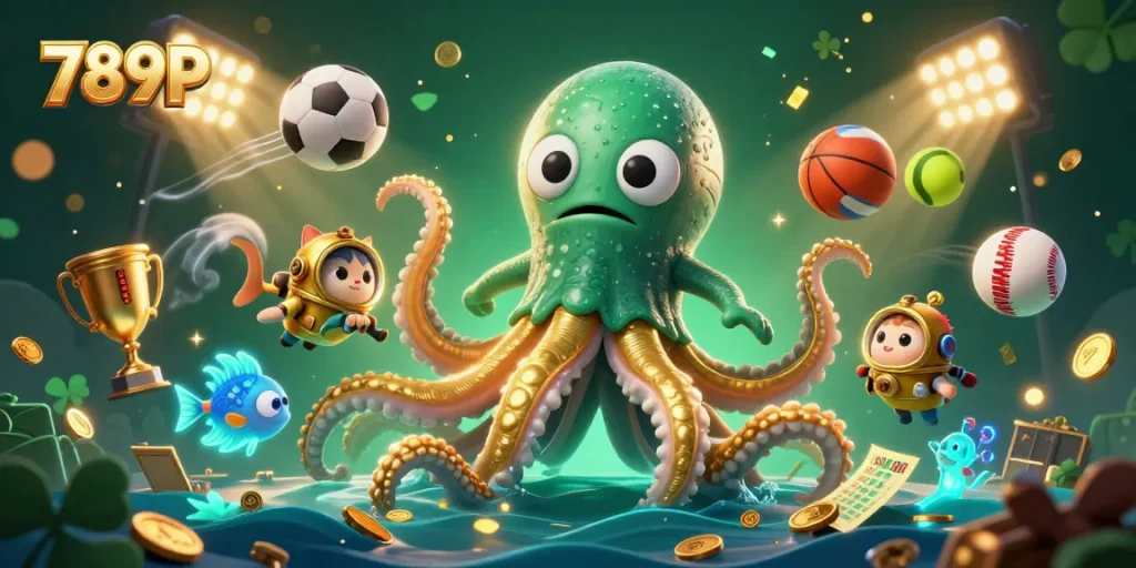 Engage with thrilling moments at 789P, featuring a kraken and vibrant sports elements in an exhilarating casino setting.