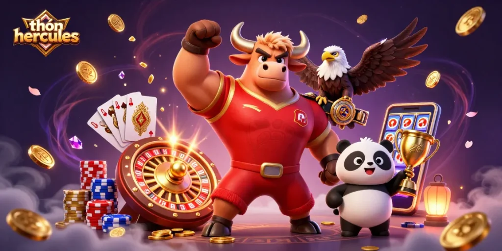 Engage with thần hercules as the bull, eagle, and panda celebrate a big casino win.