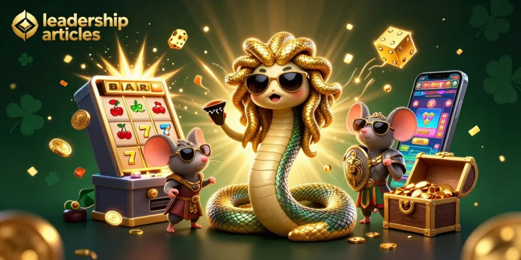 Engaging leadership articles illustrated with Medusa and a warrior mouse amidst vibrant casino elements