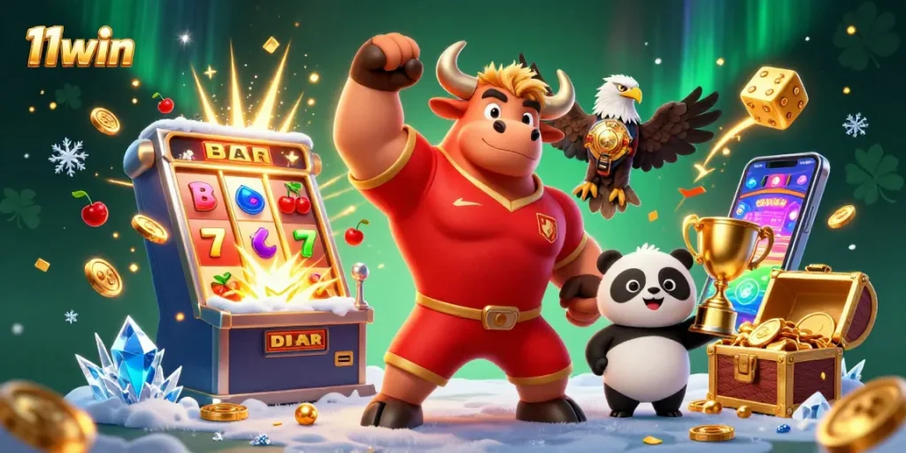 Celebrate wins at 11win with an engaging scene of victorious casino characters and games.