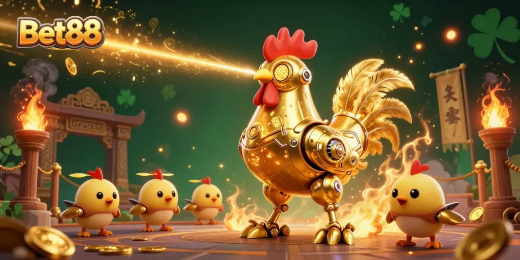 Engage with thrilling gameplay at Bet88 featuring a retro-futuristic golden rooster robot among dynamic casino elements.