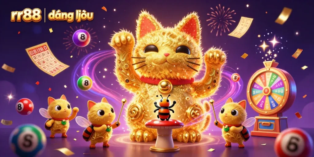 Experience thrilling gaming with rr88 | đăng nhập as colorful elements and a lucky cat enhance the excitement.