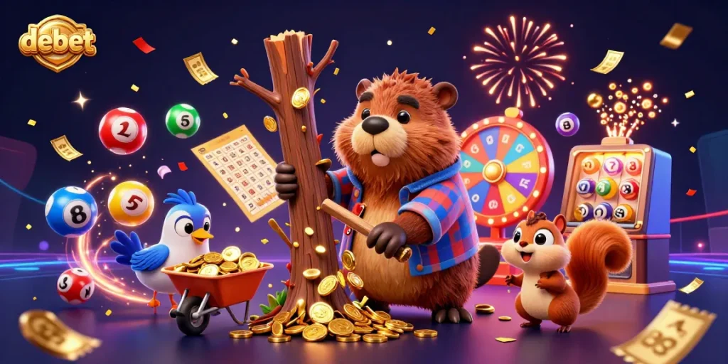 Celebrate big wins with debet in a vibrant casino-themed illustration featuring a beaver and friends!