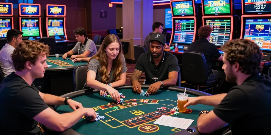 Exciting gaming experience at 78win with diverse players at roulette and poker tables in a dynamic online casino atmosphere.