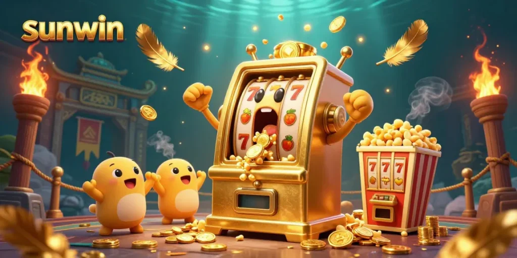 Experience thrilling jackpots at sunwin with a golden slot machine celebrating wins amidst golden coins and dynamic elements.