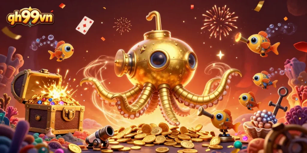 Engage with qh99vn's vibrant online gaming scene featuring captivating treasures and festive elements.