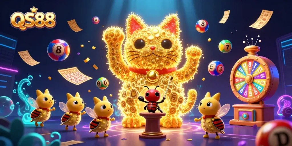 Experience thrilling QS88 gaming moments with a vibrant cat and casino symbols in a dynamic 3D scene.