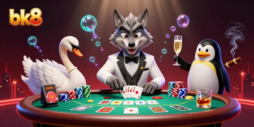 Experience thrilling baccarat action at bk8 with cartoon wolf, swan dealer, and penguin sommelier.