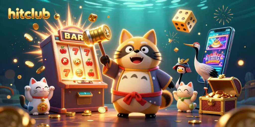 Experience the excitement of hitclub with a joyful tanuki, lucky symbols, and vibrant casino elements in 3D.