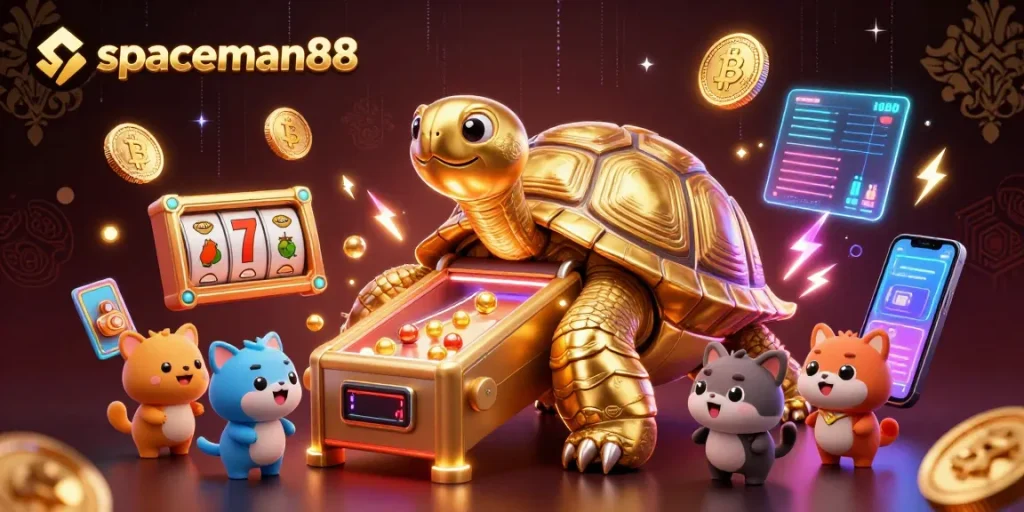 Spaceman88 offers thrilling slot games with a dynamic scene featuring a colossal tortoise pinball machine.