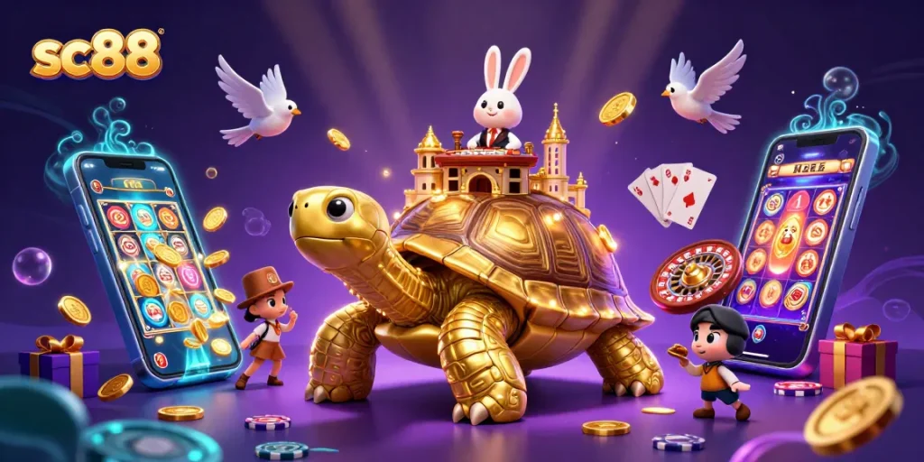 Engage in thrilling gaming adventures with sc88's vibrant casino-inspired scene full of color and action.