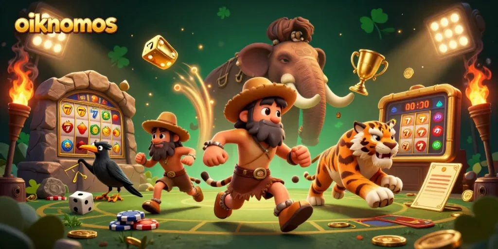 Experience exciting gambling at oikonomos, a vibrant prehistoric casino with lively slot reels and dynamic characters.