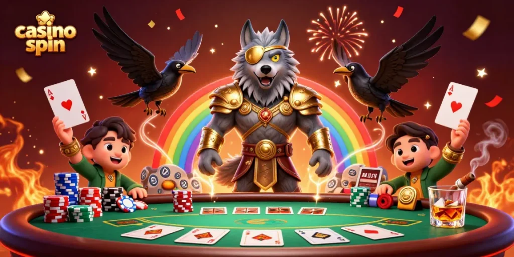 Engage with exciting casino spin experiences through a vibrant Norse mythology-themed illustration.