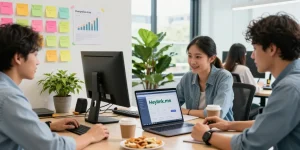 Tim kreatif menggunakan GEGESLOT di sela kerja sama di kantor modern.