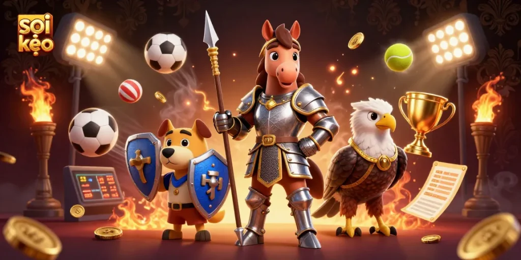 Soi kèo betting scene featuring knight and puppy in dynamic action with sports elements