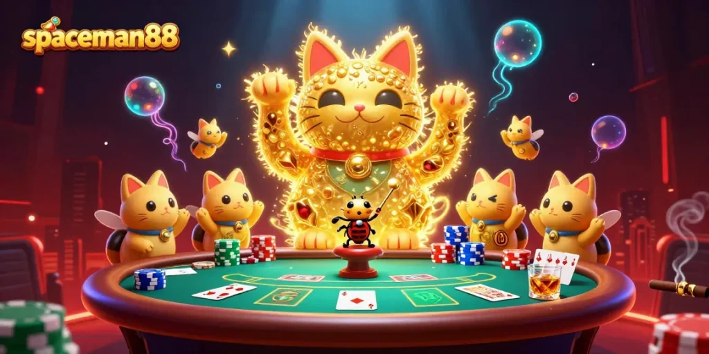 Engage with spaceman88 as golden fireflies form a lucky cat amidst poker excitement.