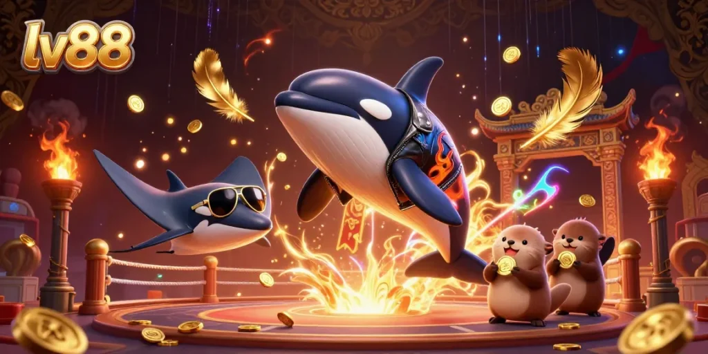 Engaging scene of lv88 featuring orca, stingray, and otters celebrating wins with coins while playing casino games.
