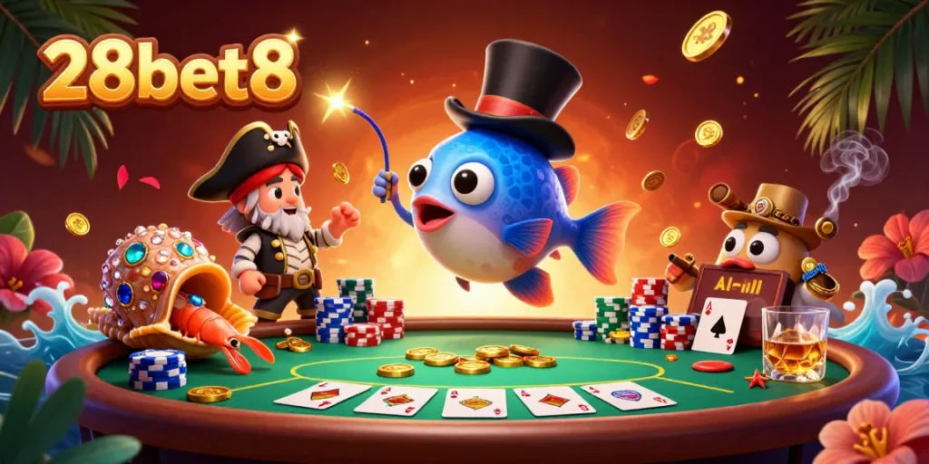 Win big with 28bet8 at an exciting poker table featuring unique characters and vibrant gambling elements.