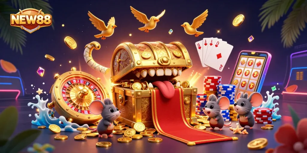 NEW88 offers exciting casino adventures with treasures and games in a vibrant illustration.