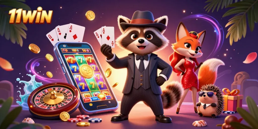 Experience the thrill of gaming with 11WIN's vibrant illustration featuring a raccoon, fox, and hedgehog.