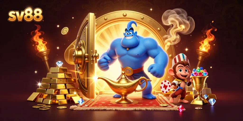 Experience thrilling gameplay at sv88 with a vibrant illustration featuring a genie, treasure, and poker chips.