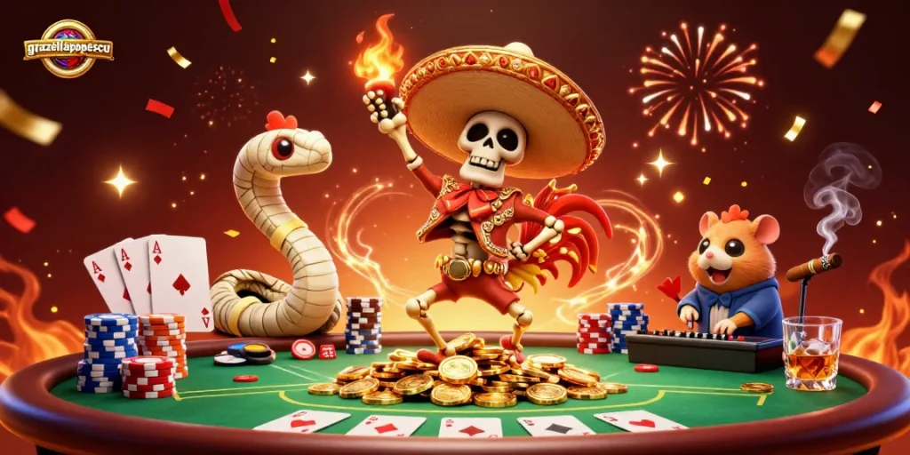 Experience graziellapopescu with a vibrant casino scene featuring festive characters celebrating around a poker table.