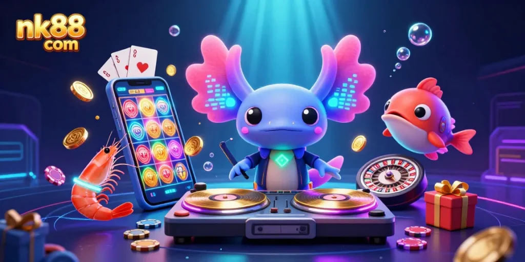 Experience vibrant underwater casino fun with nk88 com, featuring a neon axolotl DJ and glowing shrimp.