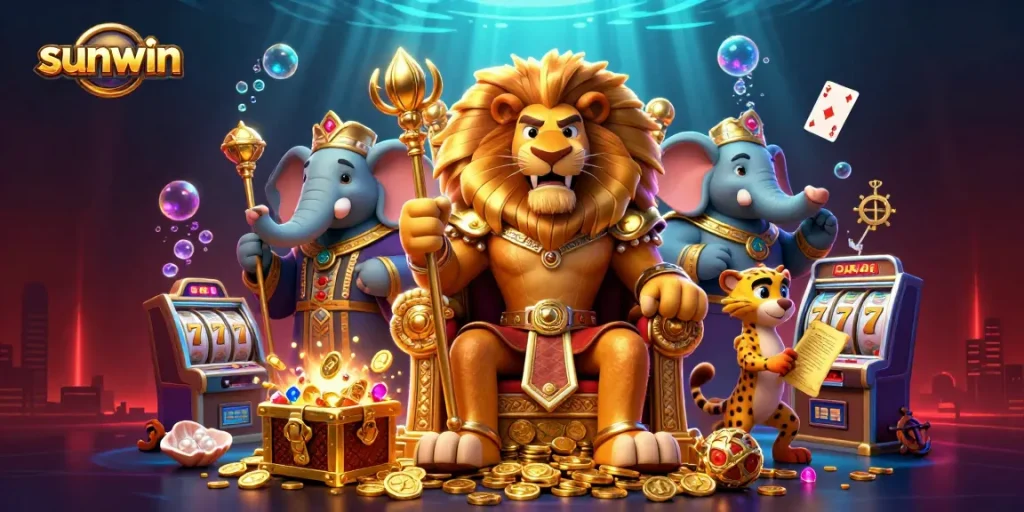 Engage with the sunwin experience featuring a lion king, elephant, and cheetah in a vibrant 3D casino scene.
